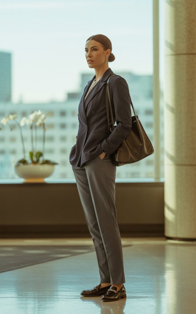 Model with slicked-back brunette bun, photographed in a corporate lobby with natural light. She wears slim charcoal trousers with a navy double-breasted blazer, polished loafers, and a leather satchel. Standing with hands in pockets, expression serious and sharp.
