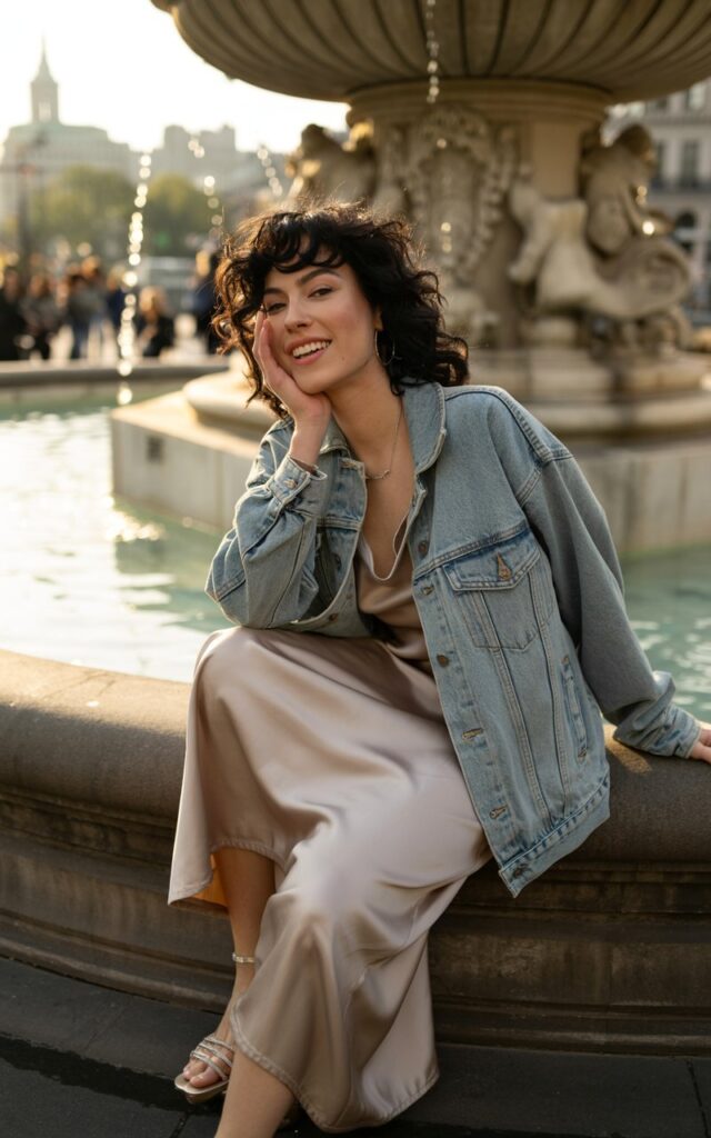 Model with soft black curls, styled in a silky satin slip dress with an oversized light-wash denim jacket and strappy sandals. Shot outdoors near a city fountain at golden hour. She stands with one hand brushing her hair back, smiling casually, radiating flirty-casual vibes.
