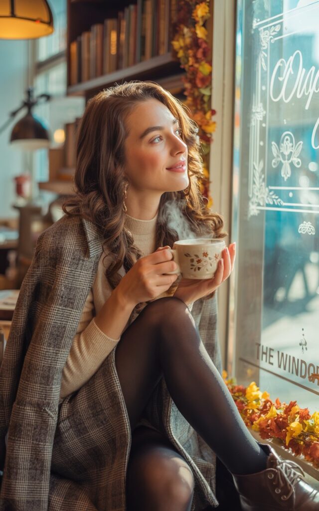 Model with soft brunette curls, posing in a cozy café with autumn décor. She wears a gray plaid skirt with a fitted cream sweater, black tights, and ankle boots. Sitting by the window with coffee cup, expression soft and warm.