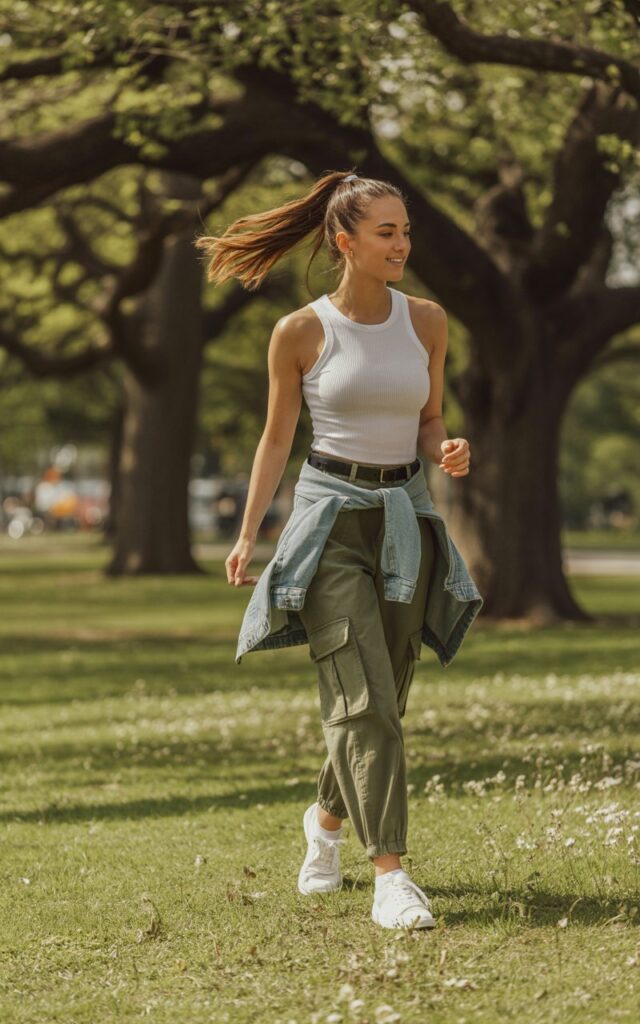 Model with sporty ponytail, standing in a sunlit park. She wears olive cargo pants cinched at the waist, a fitted ribbed white knit top tucked in, and white sneakers. A denim jacket tied loosely around her waist. She’s caught mid-walk, hair swinging, looking candid and relaxed.