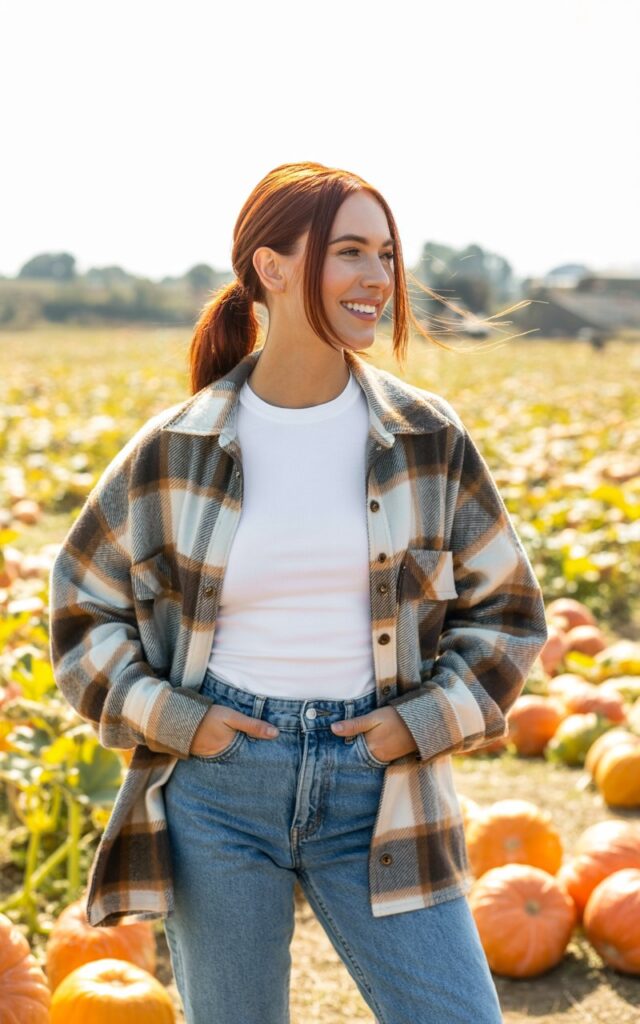 Model with straight chestnut hair in a loose ponytail, standing in a pumpkin patch during daylight. She wears an oversized plaid shacket over a white fitted tee, tucked into high-waisted blue jeans with white sneakers. Hands in pockets, casual stance, slight breeze moving her hair. Natural, candid smile.