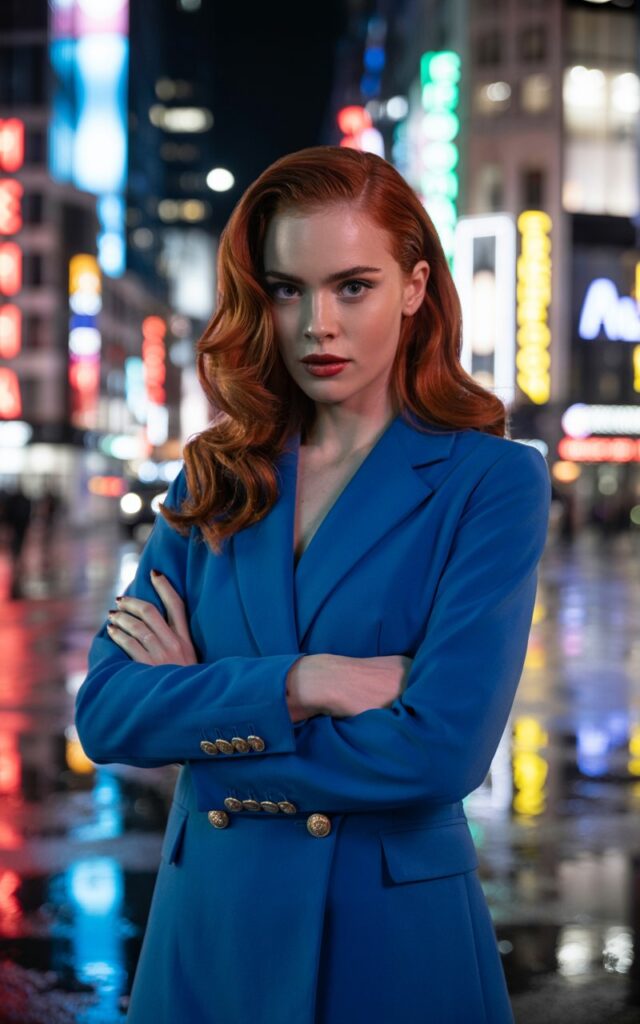 Model with striking red hair in polished waves. Outfit cobalt blue tailored blazer dress with gold buttons, paired with pointed black heels. Setting nighttime city street with glowing neon signs. Pose standing strong with arms crossed, expression fierce and unstoppable.