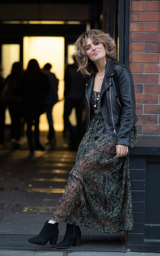 Model with tousled dirty-blonde waves, standing outside a dimly lit concert venue at dusk. She wears a black leather jacket over a flowing floral maxi dress, paired with heeled ankle boots. A layered necklace glints under soft streetlight. She’s leaning casually against a wall, smirking at the camera.