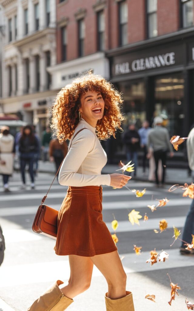 Model with voluminous curls, standing on a city street with colorful leaves scattered around. She wears a rust corduroy mini skirt, fitted cream sweater tucked in, and tan suede knee-high boots. A small satchel bag hangs from her shoulder. She’s mid-laugh, looking back over her shoulder while walking.