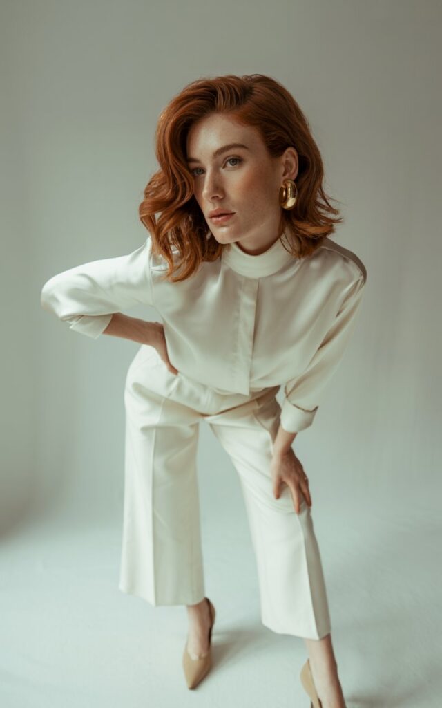Model with wavy auburn hair, standing in a minimalist studio with soft white light. She wears white wide-leg cropped pants with a high-neck silk blouse tucked in, pointed nude flats, and bold earrings. Posed with one hand on hip, confident and approachable.