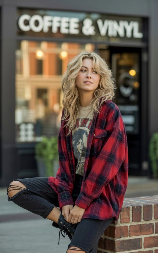 Model with wavy blonde hair in loose layers, wearing an oversized red plaid flannel over a vintage band tee, ripped black jeans, and chunky boots. Shot in front of a trendy coffee shop at golden hour. She’s leaning against a wall, one leg bent, looking off-camera with a laid-back, cool-girl expression.