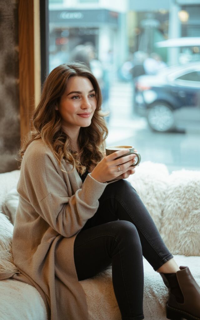 Model with wavy brunette hair, wearing a soft beige longline cardigan, black skinny jeans, and ankle boots. Shot in a cozy indoor coffee shop with soft window light. She’s seated on a couch with a coffee cup, relaxed and smiling softly.