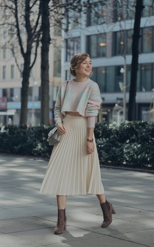 Natural daylight in a quiet city park. The model wears a cream pleated midi skirt with a cropped pastel sweater, ankle boots, and a crossbody bag. Hair styled softly, laughing candidly as she looks away.