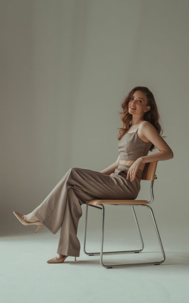 Neutral-toned studio with soft light. Model wears a taupe co-ord set cropped top and matching wide trousers. Shoes minimalist nude heels. Hair styled in natural waves, makeup fresh. Pose sitting sideways on a chair, relaxed posture, subtle smile.