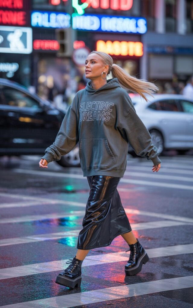 Night city street with neon signs. Blonde with sleek ponytail wears a shiny black satin midi skirt paired with a gray oversized band hoodie, platform boots, and silver hoop earrings. She walks across a crosswalk, hair catching neon reflections, candid mid-step.