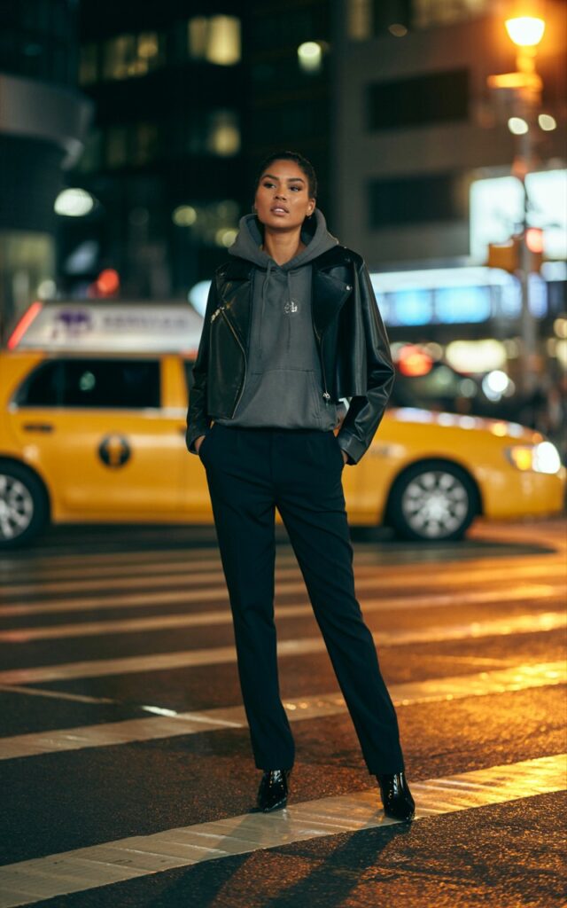 Nighttime New York City crosswalk, model wearing a charcoal hoodie under a black cropped leather jacket, sleek black trousers, heeled boots, cinematic streetlight glow with taxi blur in background.
