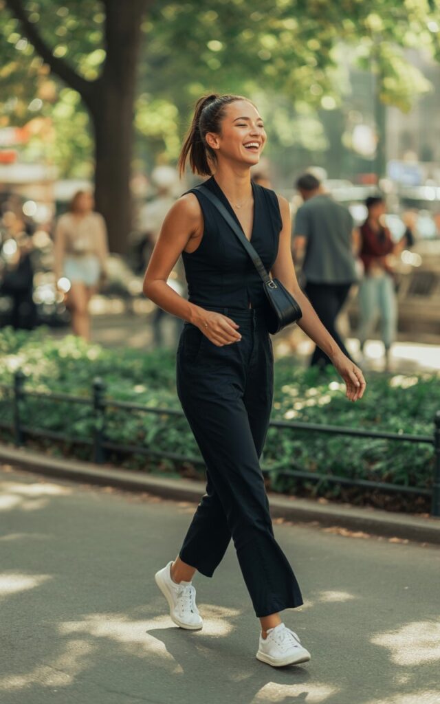 Outdoor city park during daytime. Model wears a minimalist black sleeveless jumpsuit cinched slightly at waist, styled with crisp white sneakers and a black crossbody bag. Hair in a ponytail, makeup fresh. Pose walking with natural stride, mid-step, head turned with a candid laugh.