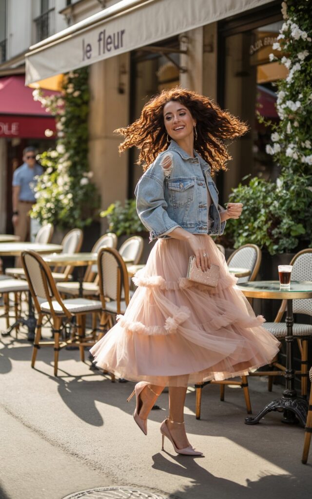 Romantic full-body shot of a brunette with curls, styled in a blush pink layered tulle skirt, cropped denim jacket, and nude heels. Location outdoor European-style café with soft afternoon light. She twirls lightly, skirt flowing, holding a tiny clutch, with a playful and dreamy expression.