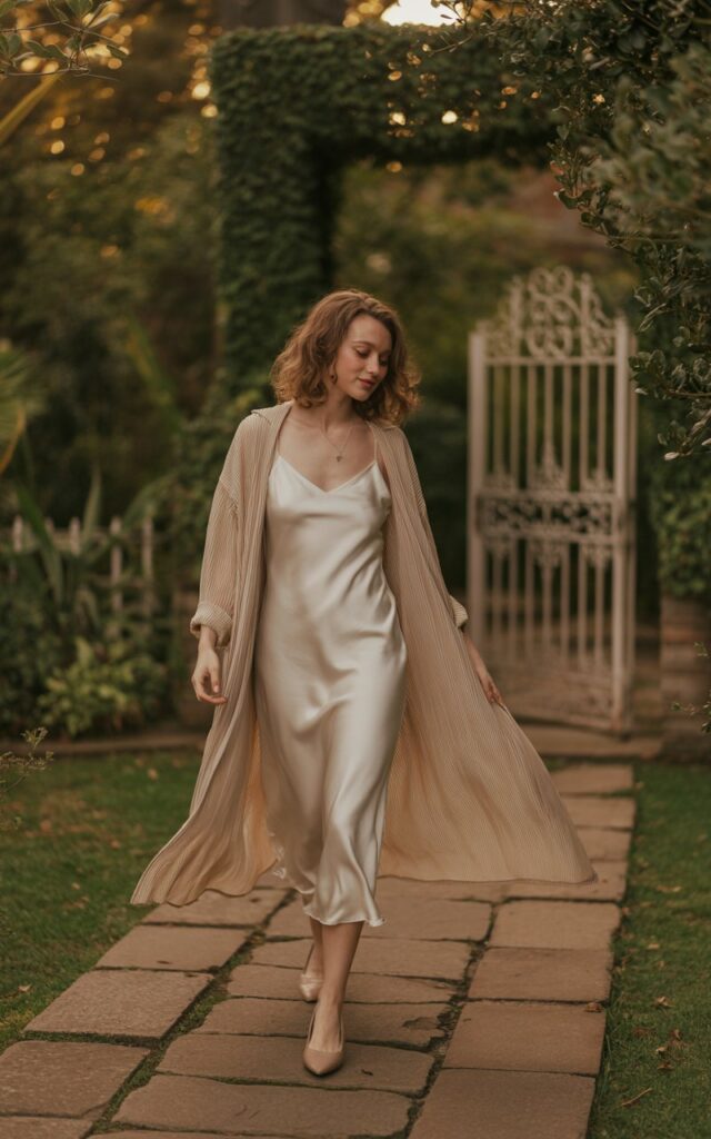 Romantic garden pathway during golden hour. Model wears a silky ivory slip dress layered with a long beige cardigan, styled with nude ballet flats. Hair down, lightly curled. Pose walking gracefully down path, cardigan flowing, expression soft and dreamy.