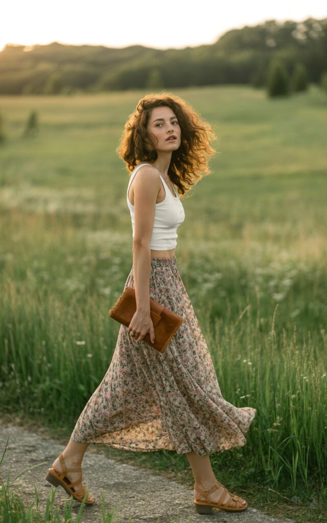 Romantic golden hour photo of a tall brunette with loose curls, wearing a flowing floral maxi skirt, cropped white tank top, and tan strappy sandals. She’s walking barefoot along a grassy field with tall wildflowers, clutch in hand. Natural sunlight creates a warm glow, and she looks over her shoulder with a relaxed, dreamy expression.