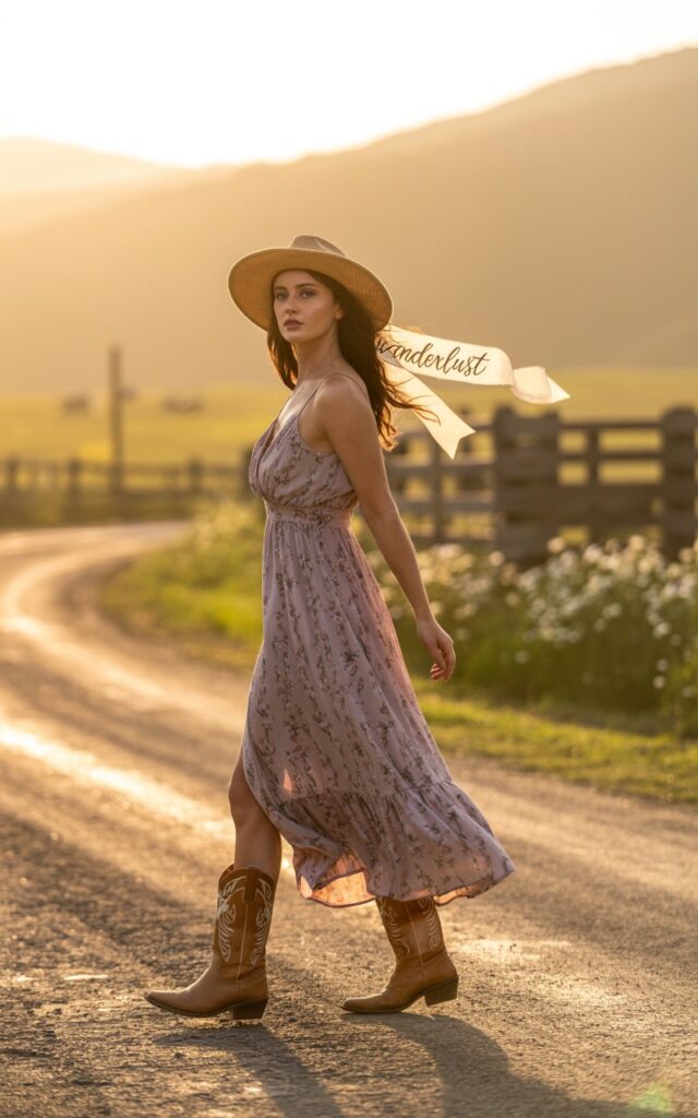 Rural countryside road at golden hour. The model wears a flowy floral maxi dress with statement cowboy boots, styled with a wide-brim hat. Hair flowing naturally, expression serene as she walks down the road with confidence.
