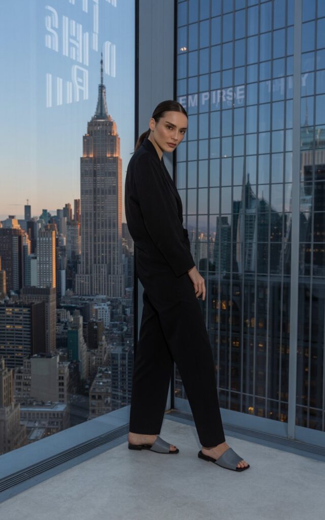Set in a sleek, high-rise NYC penthouse with floor-to-ceiling windows, a striking model poses confidently in a structured black jumpsuit and matte slides. The skyline glows behind her as city lights flicker to life. The scene is bold and high-powered with an ultra-modern, editorial flair.