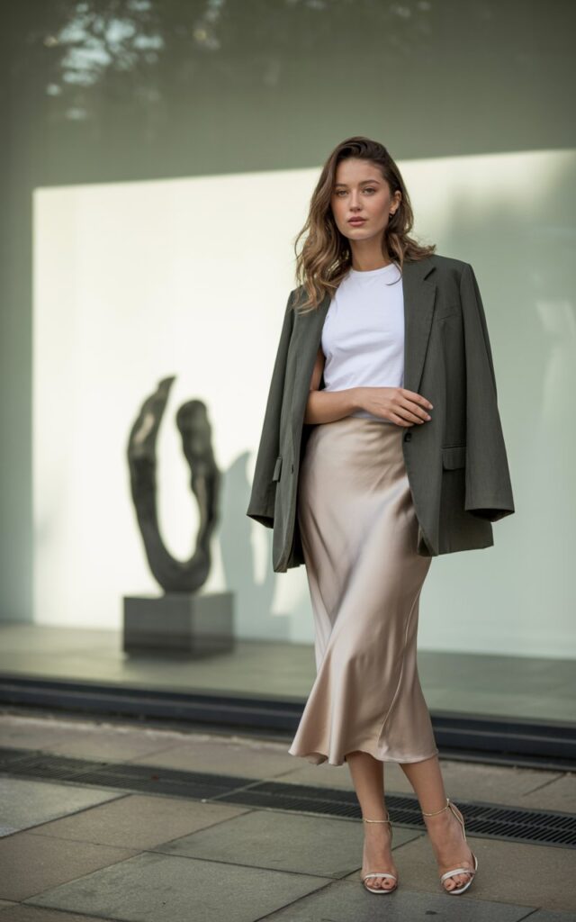 Shot in natural daylight outside an art gallery. The model wears a silky slip skirt with a plain tee tucked in, layered with an oversized blazer draped over her shoulders. Strappy heels, hair in loose waves, expression chic and editorial.