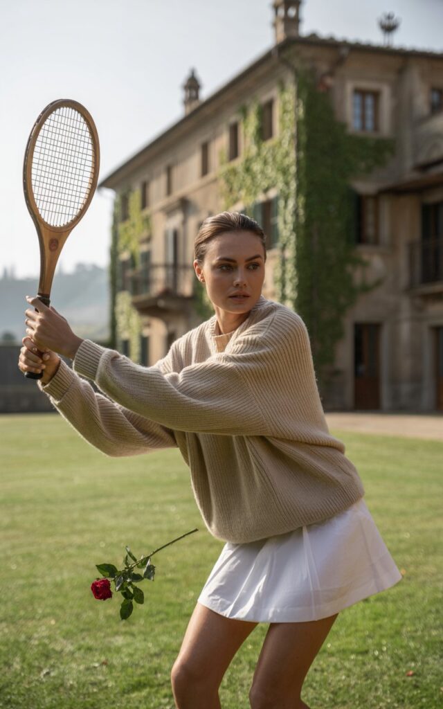 Shot on the dewy lawn of a countryside manor in Tuscany, a fresh-faced model poses mid-swing with a vintage wooden racket. Her oversized cream knit sweater contrasts with a crisp white tennis skirt. The golden morning light and ivy-covered stone backdrop make it look like a scene from a high-end editorial.