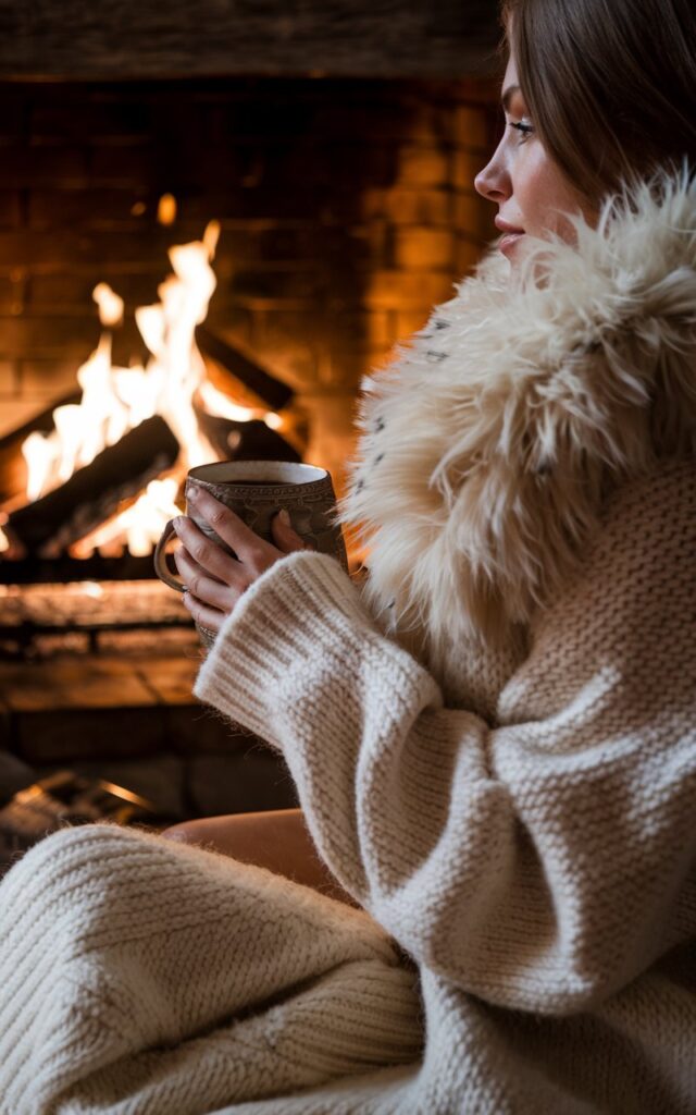 Snowy alpine chalet in Switzerland, model by a fireplace wearing a cozy cream cardigan with an oversized white faux fur collar, mug of hot cocoa in hand, soft golden firelight creating a cozy glow.