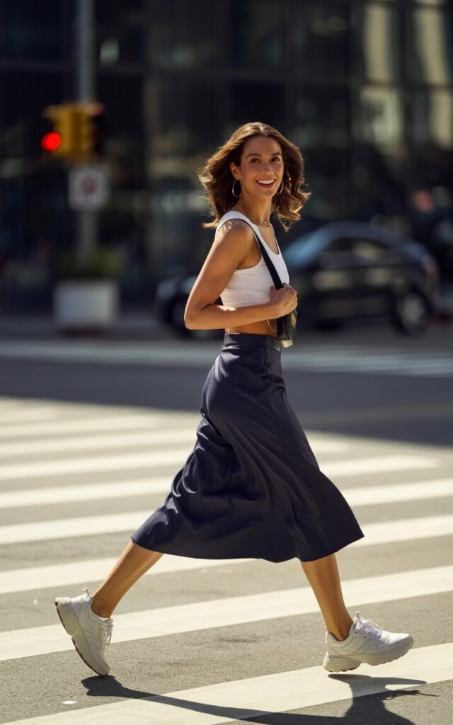Sporty editorial photo of a model with dark blonde hair in loose waves, styled in a navy midi skirt, cropped white tank top, chunky sneakers, and crossbody bag. Location bright city crosswalk with morning sunlight. She’s mid-step, looking back over her shoulder with a playful grin.