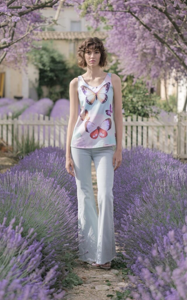 Spring garden in Provence, model surrounded by blooming lavender fields, wearing a pastel butterfly-print tank top with light flared jeans, hair in soft curls, airy and whimsical atmosphere with sun-kissed lighting.
