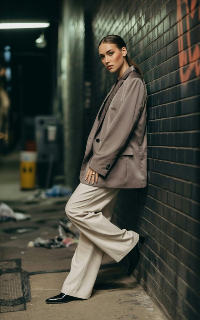 Street-style editorial in urban alley. Outfit oversized neutral boxy blazer paired with relaxed trousers and pointed boots. Hair sleek, makeup polished. Pose standing with one leg crossed over the other, leaning against wall, confident stare into camera.