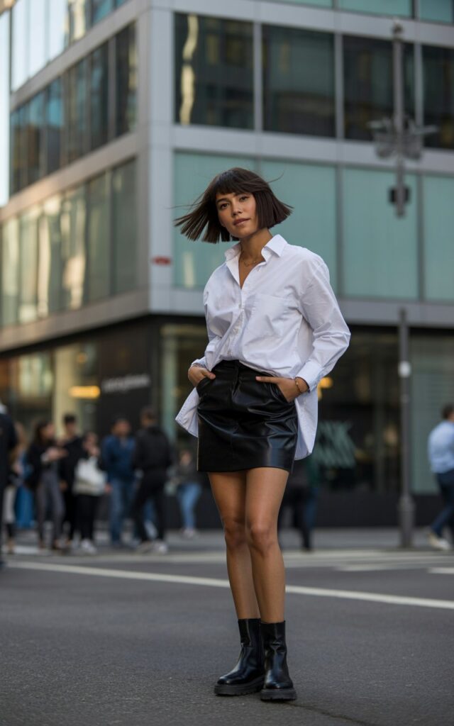 Street-style photo of a model with short dark bob hair, wearing a black leather mini skirt, oversized white button-down tucked in front, and chunky ankle boots. She’s shot against a contemporary glass office building, natural afternoon daylight bouncing off the windows. Hands in pockets, she smirks slightly, hair tousled by a breeze for a confident editorial vibe.