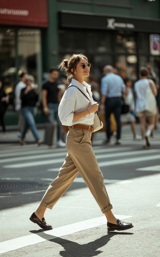 Street-style photo outdoors in full daylight. Model wears oversized boxy white shirt tucked into khaki trousers, paired with loafers. Accessories brown leather belt, crossbody bag. Hair in messy bun, sunglasses perched on head. Pose walking across street mid-step, candid vibe.