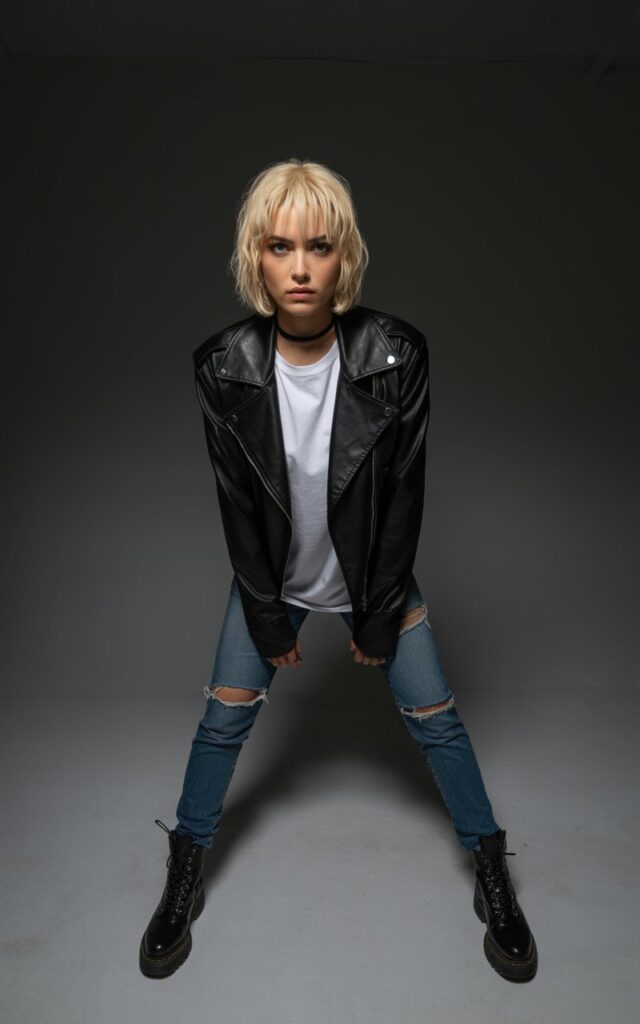 Studio backdrop with dramatic lighting. Blonde model with edgy bob haircut wears a black leather moto jacket over ripped skinny jeans, paired with a plain white tee and a simple black choker. Black boots complete the look. She stands with one leg bent, jacket slightly open, giving a fierce, direct gaze.