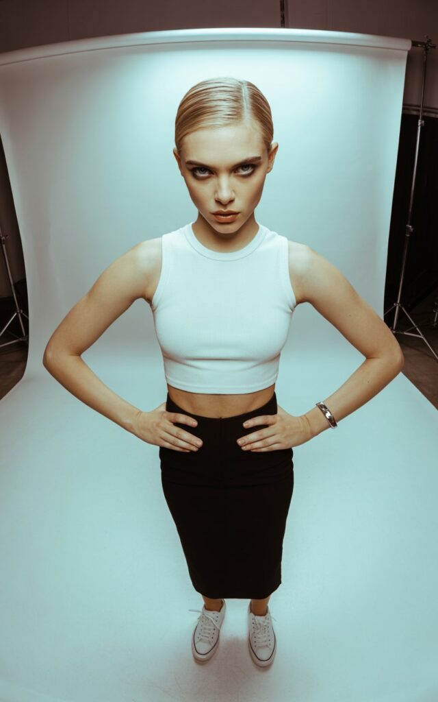 Studio editorial of a sharp-featured blonde with slicked-back hair, wearing a high-waisted black pencil skirt, fitted white cropped top, and white sneakers. Setting minimalist white studio backdrop with clean soft-box lighting. She stands tall with hands on hips, neutral face but piercing eyes, conveying sleek confidence.
