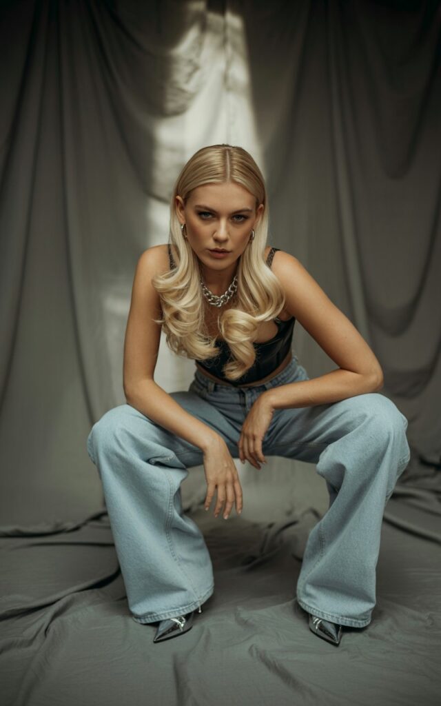 Studio setting with spotlight effect. Blonde model with sleek waves wears light-wash wide-leg jeans, black corset top, chunky silver chains, and pointed boots. She stands confidently, one hand on her hip, piercing gaze into the camera.