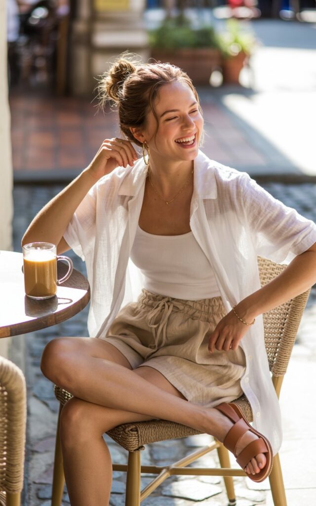 Sunny outdoor café corner. Model wears beige linen shorts with a loose white overshirt layered over a tank, styled with tan sandals. Hair in a loose bun with flyaways. Pose sitting on chair with iced latte, candid laugh. Natural sunlight highlights fabric texture.