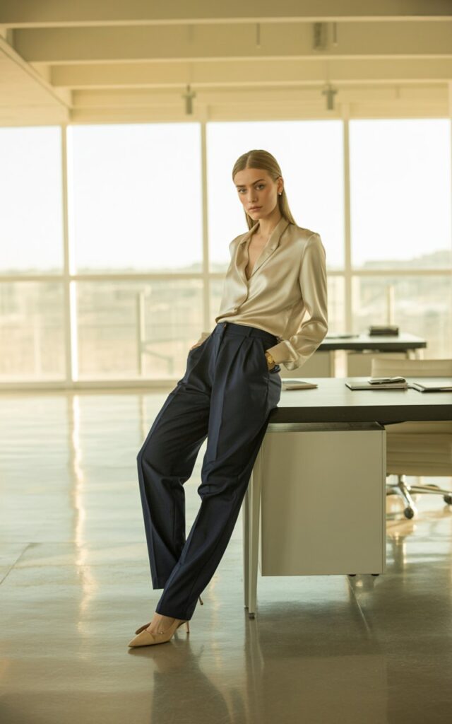 Tall, fit model with blonde straight hair tucked behind her ears. She wears high-waisted navy trousers with a tucked cream silk blouse and pointed nude pumps. Captured indoors in a modern office with large windows letting in golden afternoon light. She’s leaning casually against a desk with one hand in her pocket, looking directly at the camera with a calm, professional expression.
