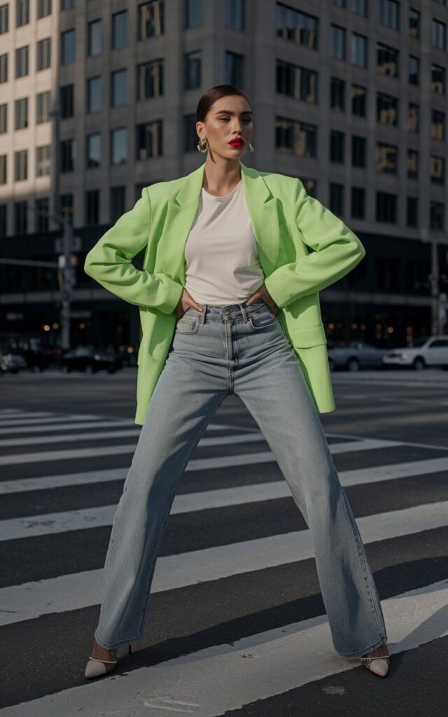 The model poses confidently in an urban crosswalk during daylight. She wears a neon green blazer over a white tee and jeans, styled with pointy heels. Hair slicked back, bold red lip. Expression strong and fashion-forward.