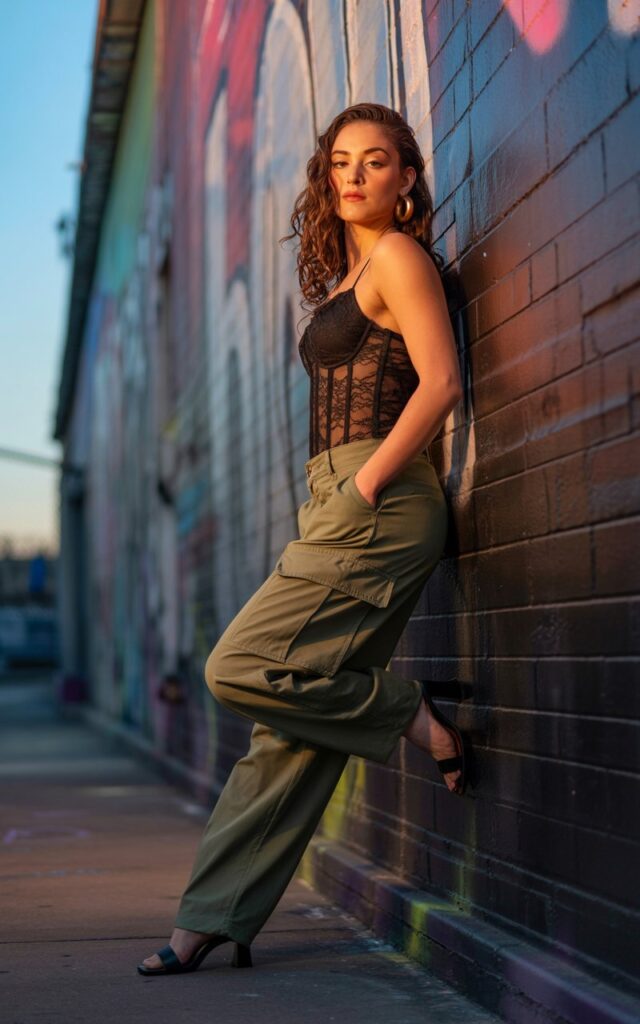 The model stands against a graffiti wall at dusk. She wears olive cargo pants, a fitted lace corset top, and heeled sandals. Hair styled in loose waves, with bold hoop earrings. Pose is confident, one hand in pocket, gaze fierce.