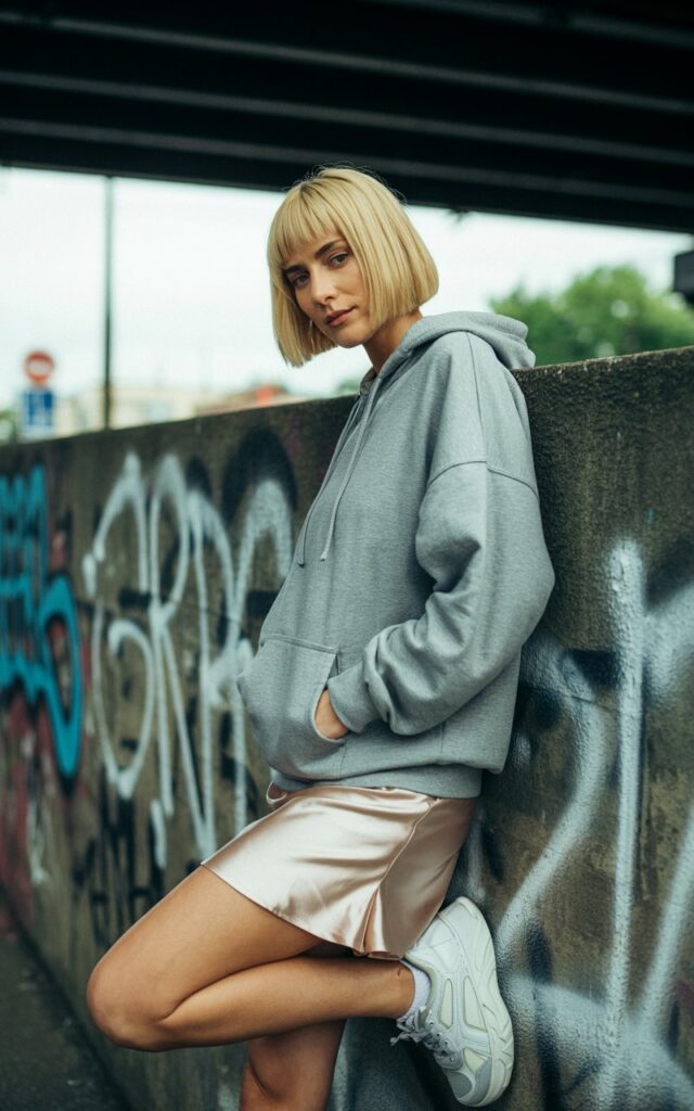 Urban-cool vibe shot of a model with straight blonde bob, wearing a champagne silk slip skirt, oversized gray hoodie, and chunky sneakers. Setting graffiti-covered underpass, natural overcast daylight giving a moody edge. She leans against the wall with one hand in hoodie pocket, soft expression, eyes glancing off-camera.