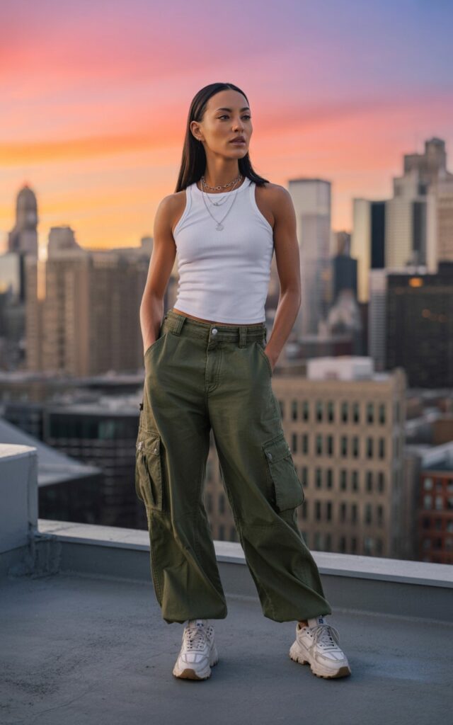 Urban rooftop during sunset. Fit brunette with sleek straight hair wears baggy olive cargo pants with a tight white ribbed tank, accessorized with layered necklaces and chunky sneakers. She stands with hands in pockets, gazing confidently at the city skyline behind her. Golden-hour glow adds warmth.