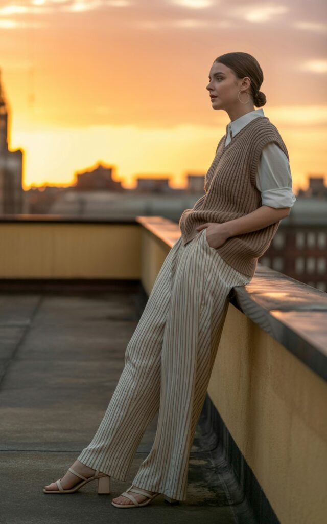 Urban rooftop setting at sunset. Model wears a beige knit vest over a white shirt, paired with pleated wide-leg trousers. Footwear neutral strappy sandals. Hair styled sleek in low bun. Pose leaning against railing, one hand in pocket, looking away thoughtfully.