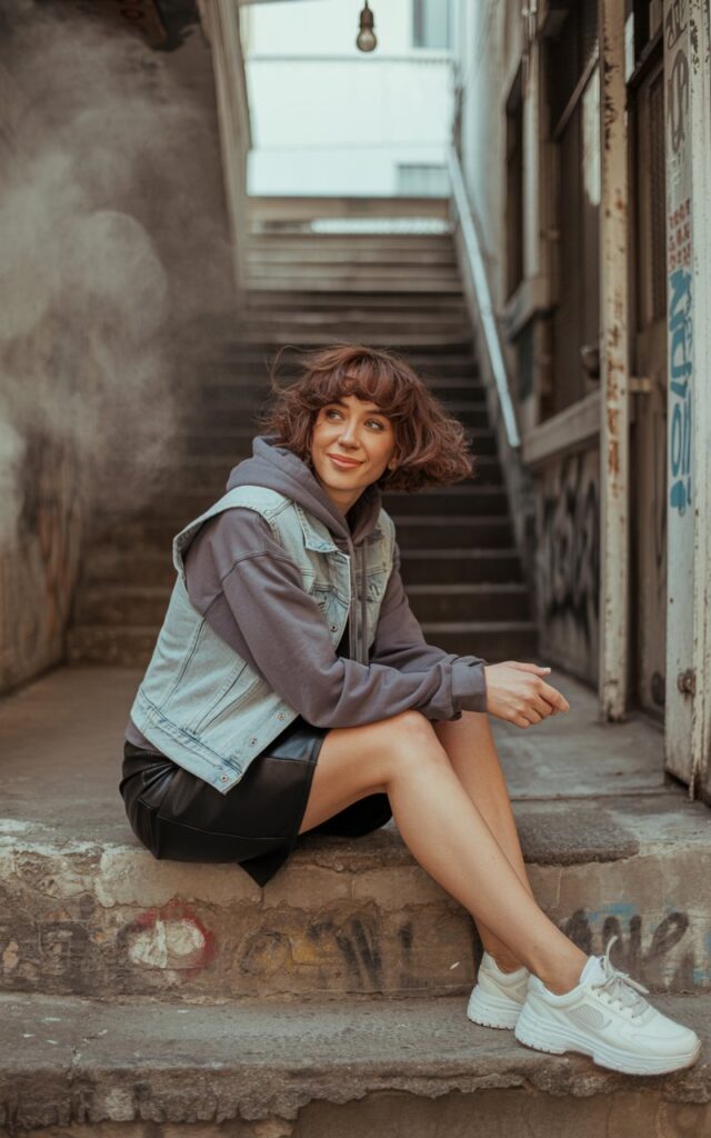 Urban stairwell scene. Model with brown wavy bob wears a cropped gray hoodie with a light-wash denim vest layered over, black mini skirt, and chunky sneakers. She sits on concrete steps, looking to the side with a laid-back grin.