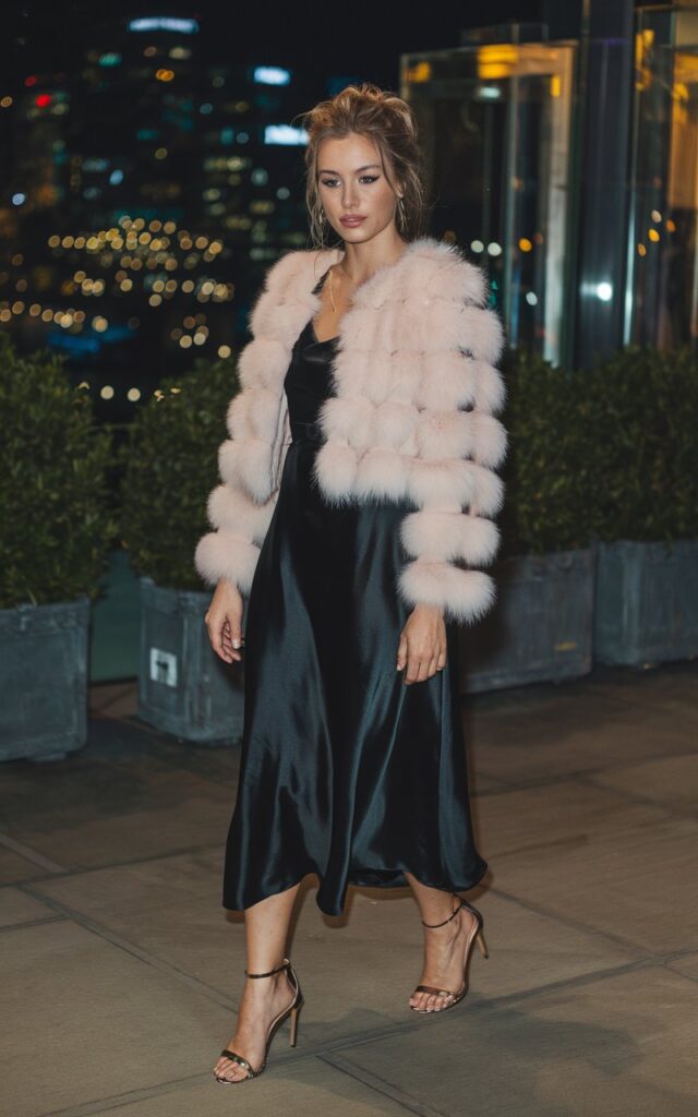 White-skinned European woman arriving at an evening event, wearing a blush cropped faux fur jacket over a black satin midi dress, strappy heels, city lights glowing in the background at night.