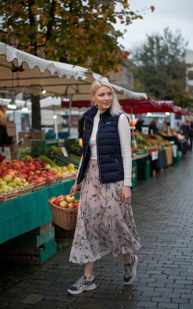 White-skinned European woman at an outdoor farmers’ market, navy puffer vest over a white top, floral flowy midi skirt, sneakers, carrying a basket of apples, cloudy autumn morning.