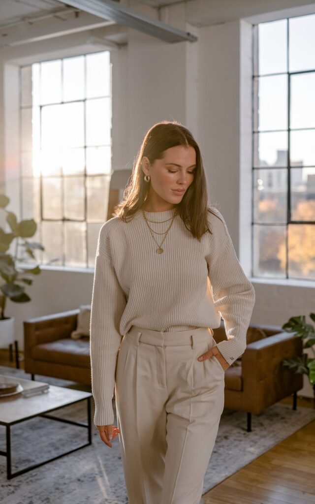 White-skinned European woman in a modern loft apartment, wearing monochrome beige tailored pants and knit sweater, gold necklace and earrings, large windows with autumn cityscape outside, midday sun streaming in.