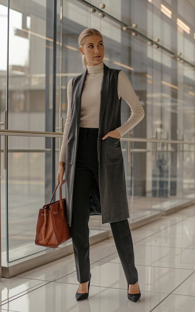 White-skinned European woman in a modern office lobby, wearing a charcoal longline vest over a cream ribbed turtleneck, slim black trousers, heels, holding a leather handbag, bright natural light from glass walls.