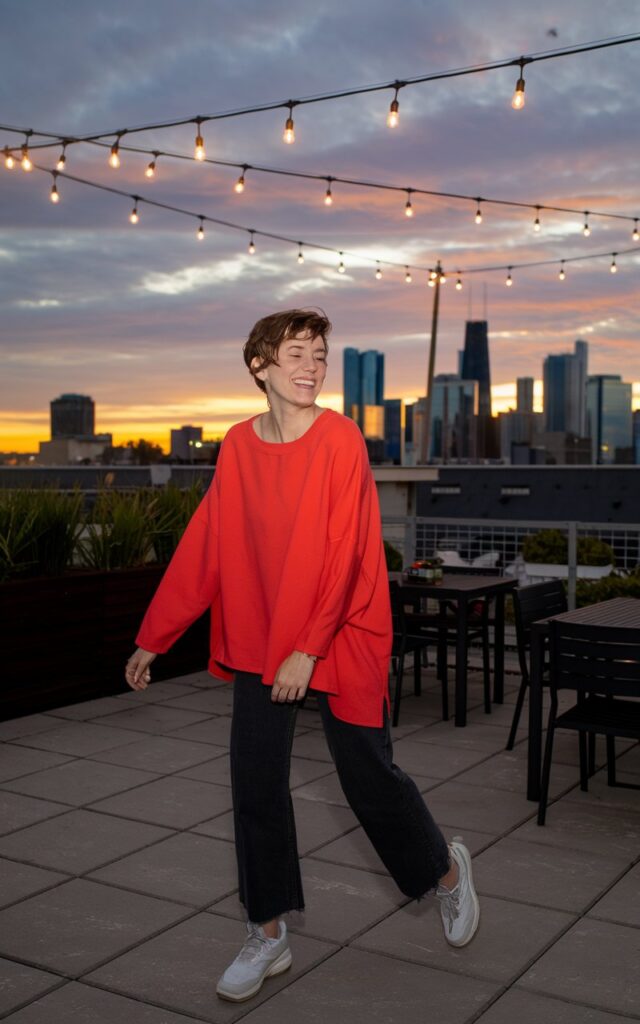 White-skinned European woman laughing on a rooftop terrace, bright red oversized sweater, black jeans, white sneakers, string lights overhead, city skyline in the background at sunset.