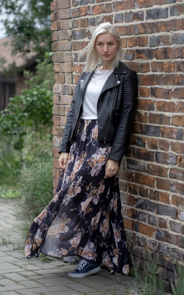 White-skinned European woman leaning against a rustic brick wall, wearing a black leather jacket over a flowing floral maxi skirt, plain white tee, sneakers, soft overcast daylight.