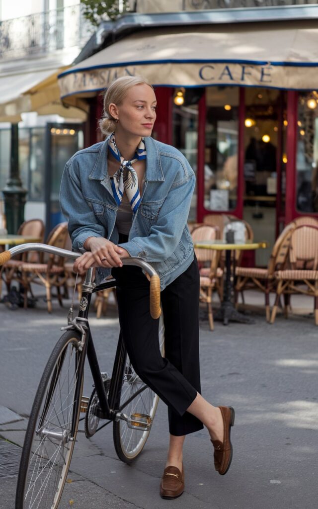 White-skinned European woman leaning on a bicycle, denim jacket, patterned silk scarf tied around neck, cropped trousers, loafers, quaint Parisian café in the background, sunny late morning.