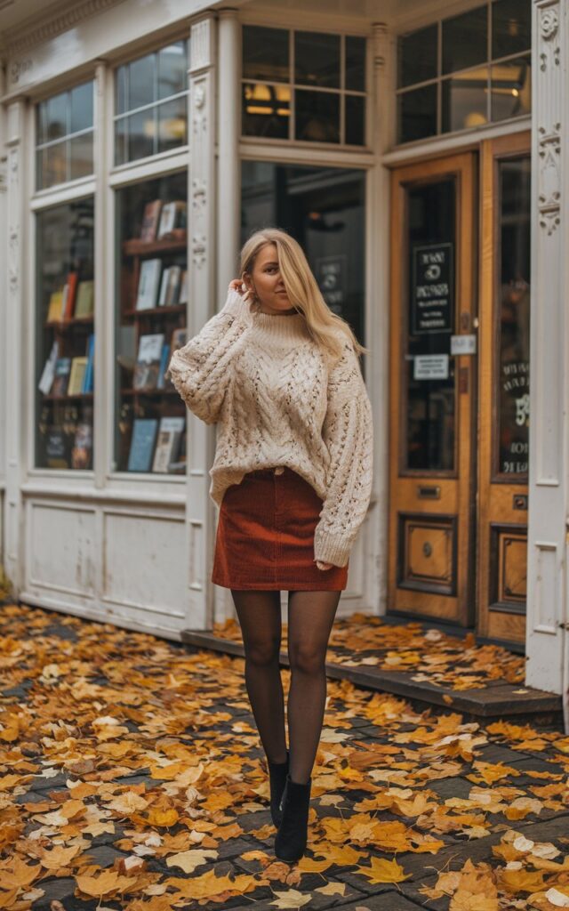 White-skinned European woman posing in front of a vintage bookstore, chunky cream cable-knit sweater tucked into a rust corduroy mini skirt, black tights, ankle boots, golden autumn leaves on the ground.