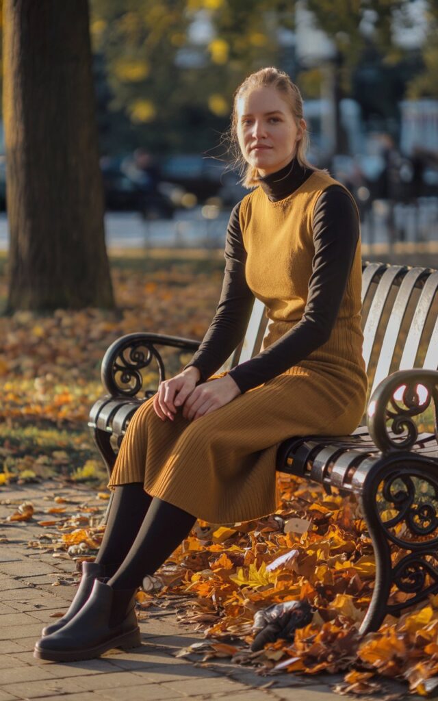 White-skinned European woman sitting on a park bench with fallen leaves around, wearing a fitted black turtleneck under a mustard sleeveless midi dress, tights, and ankle boots, warm late-afternoon autumn light.