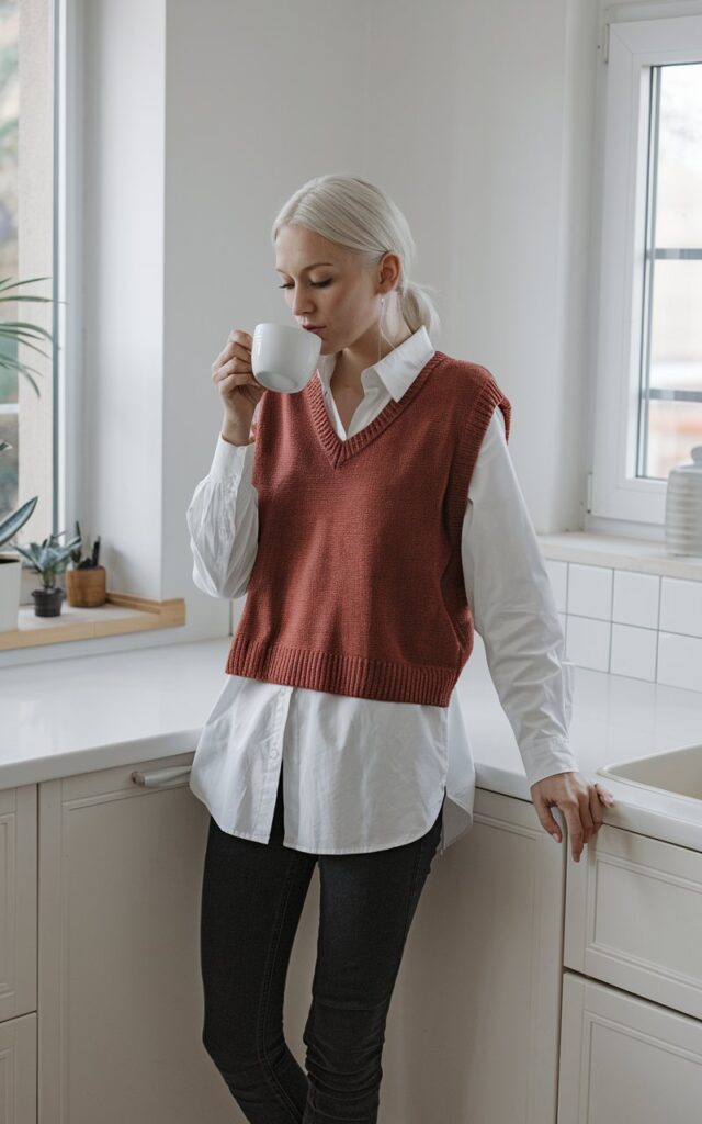White-skinned European woman standing in a bright, minimalist kitchen, white button-up shirt layered with a rust-colored knit vest, slim black jeans, sipping tea by the window.